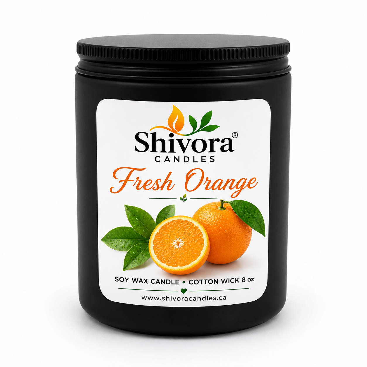 Fresh Orange Soy Wax Candle Canada by Shivora Candles, hand-poured scented candle made in Canada with natural soy wax and cotton wick.